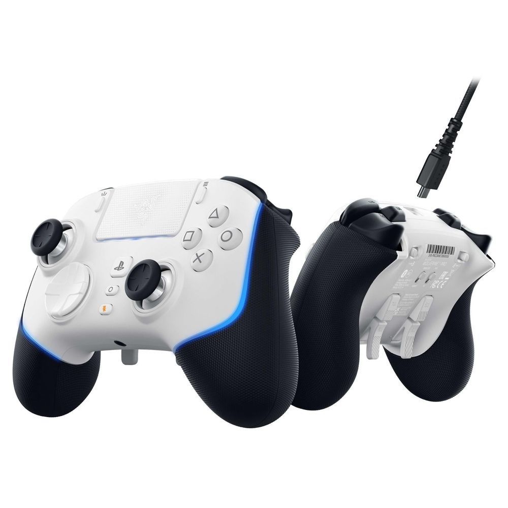 White gaming controller with black grips, face buttons, and wired connection