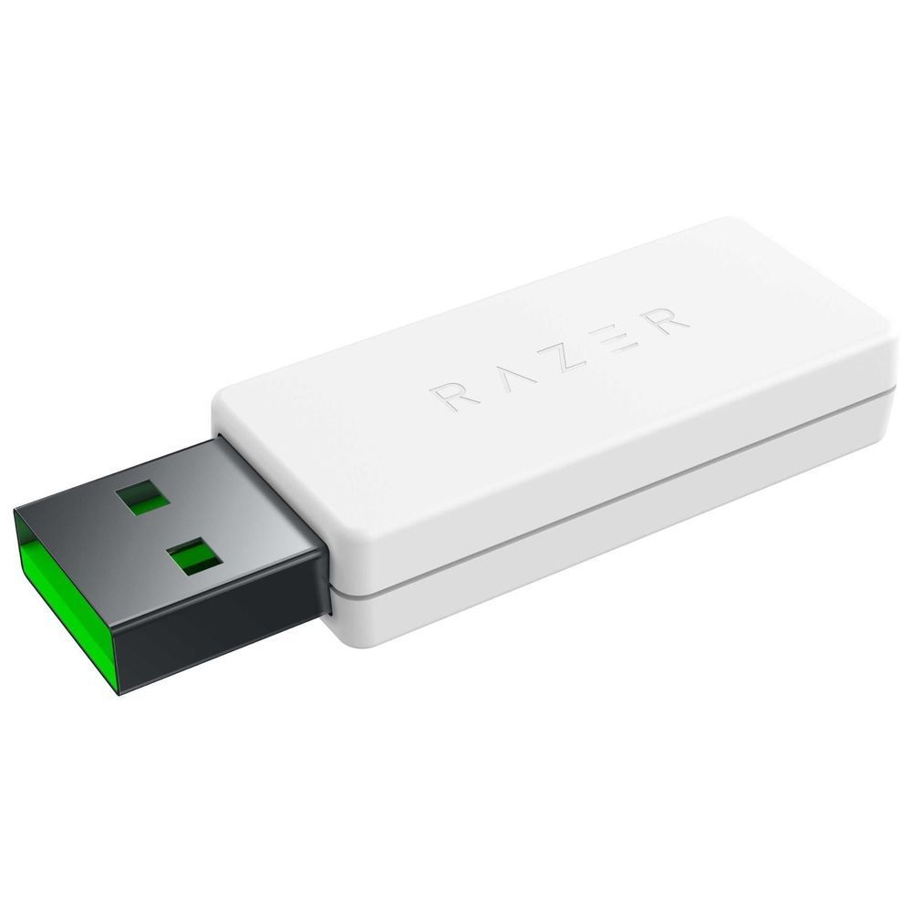 White Razer wireless USB dongle with green indicator LEDs