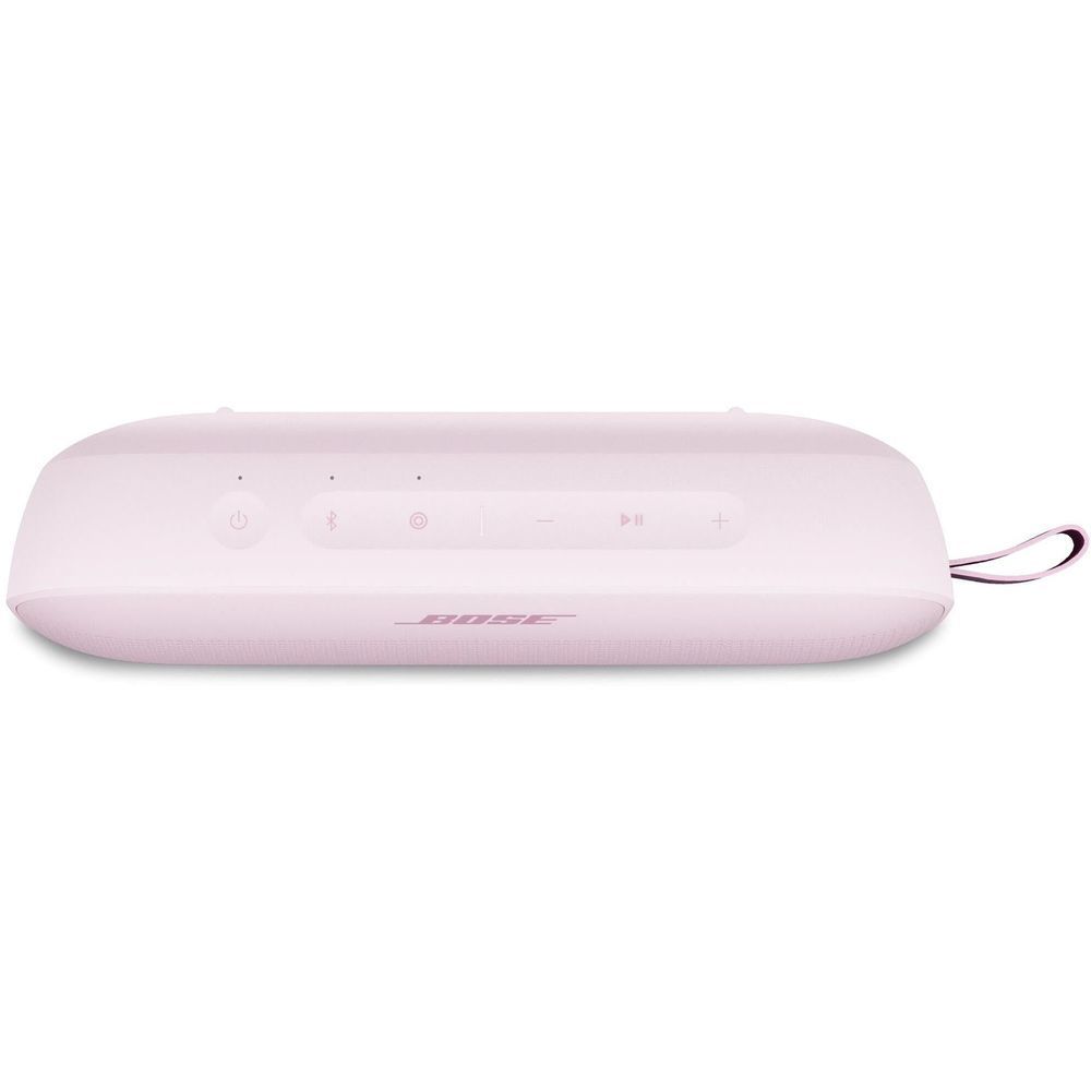 Petal pink Bose portable speaker top controls with attached carry strap