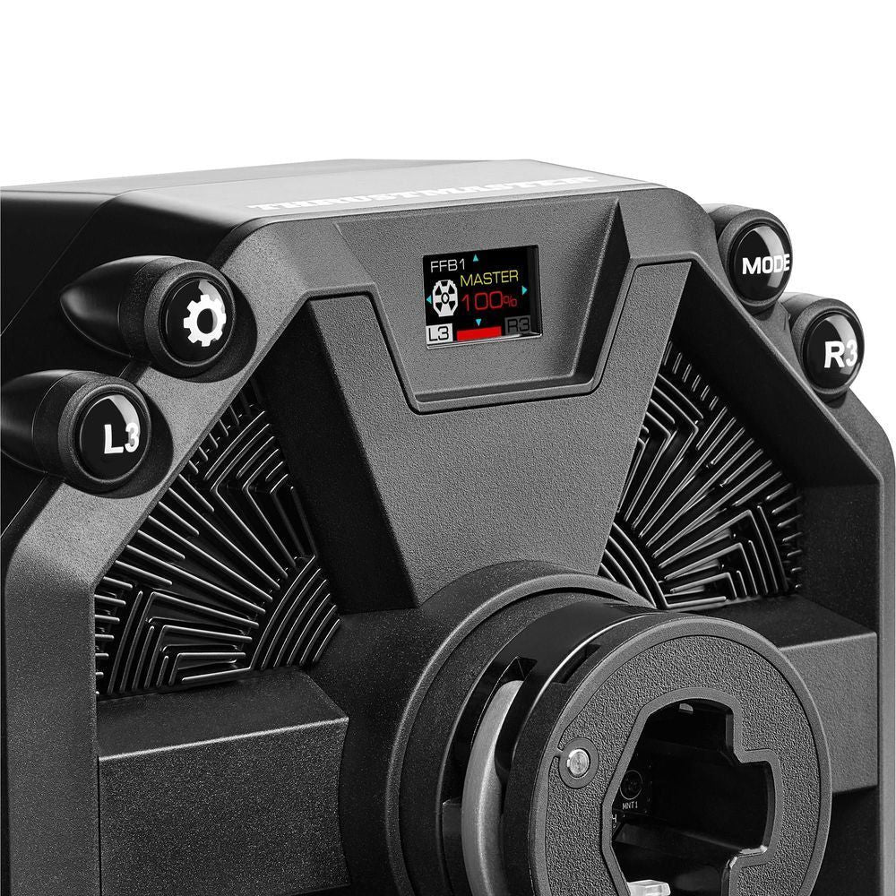 Racing wheel base with LCD screen and textured vented panels