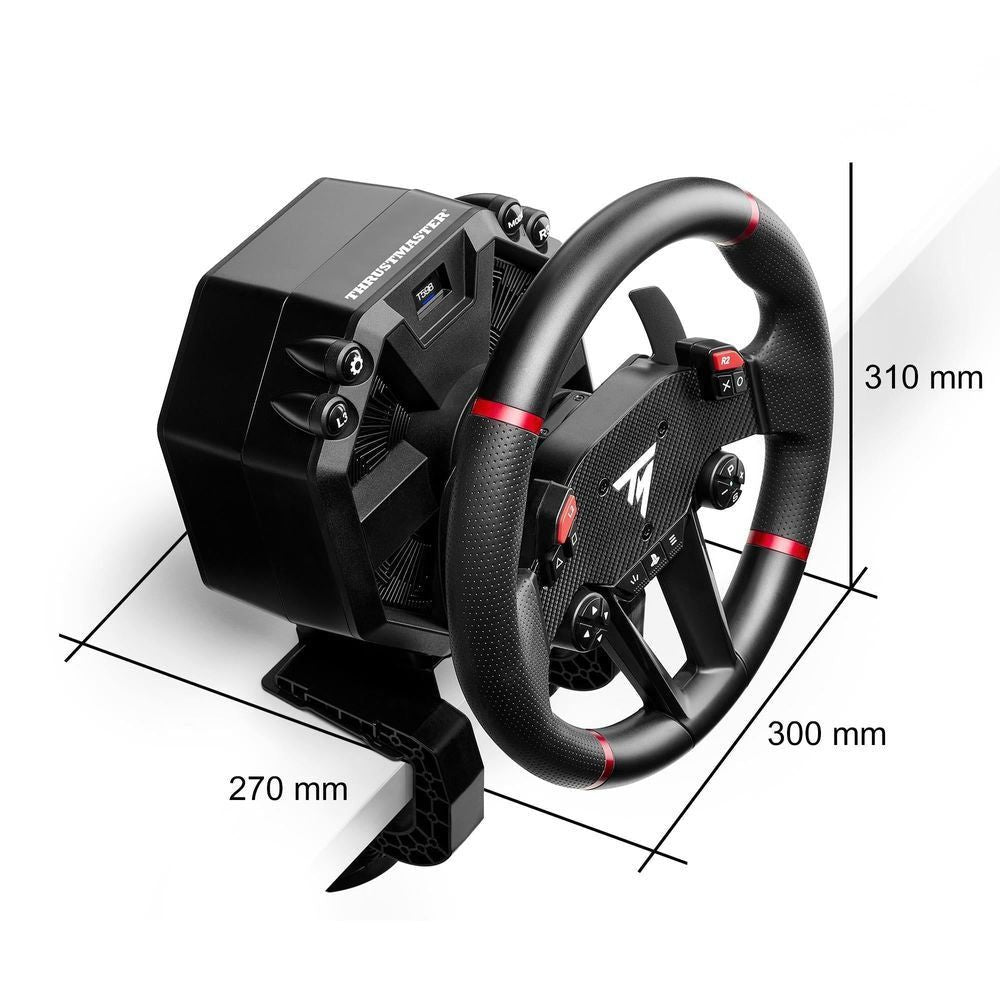 Black force feedback racing wheel with red-trim steering rim on stand
