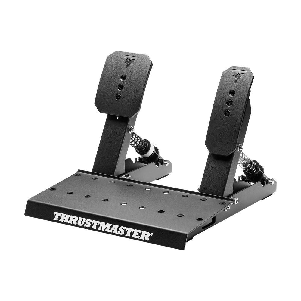 Racing wheel pedal unit with two black pedal faces and spring-loaded adjusters