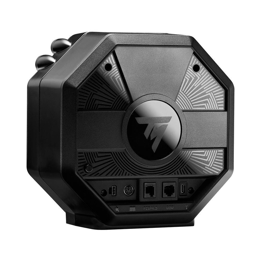 Racing wheel hub module with circular center cap, textured vents, and front ports