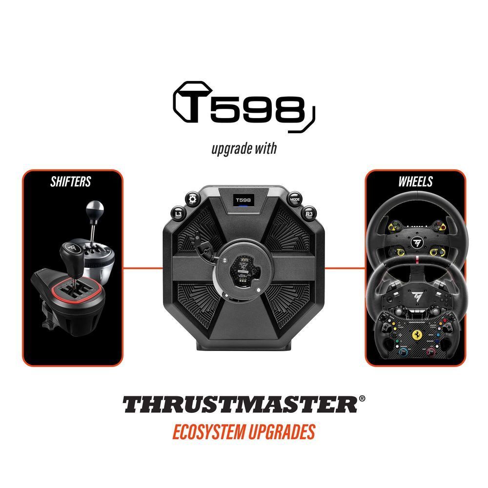 T598 ecosystem upgrades diagram showing racing wheel and accessory system