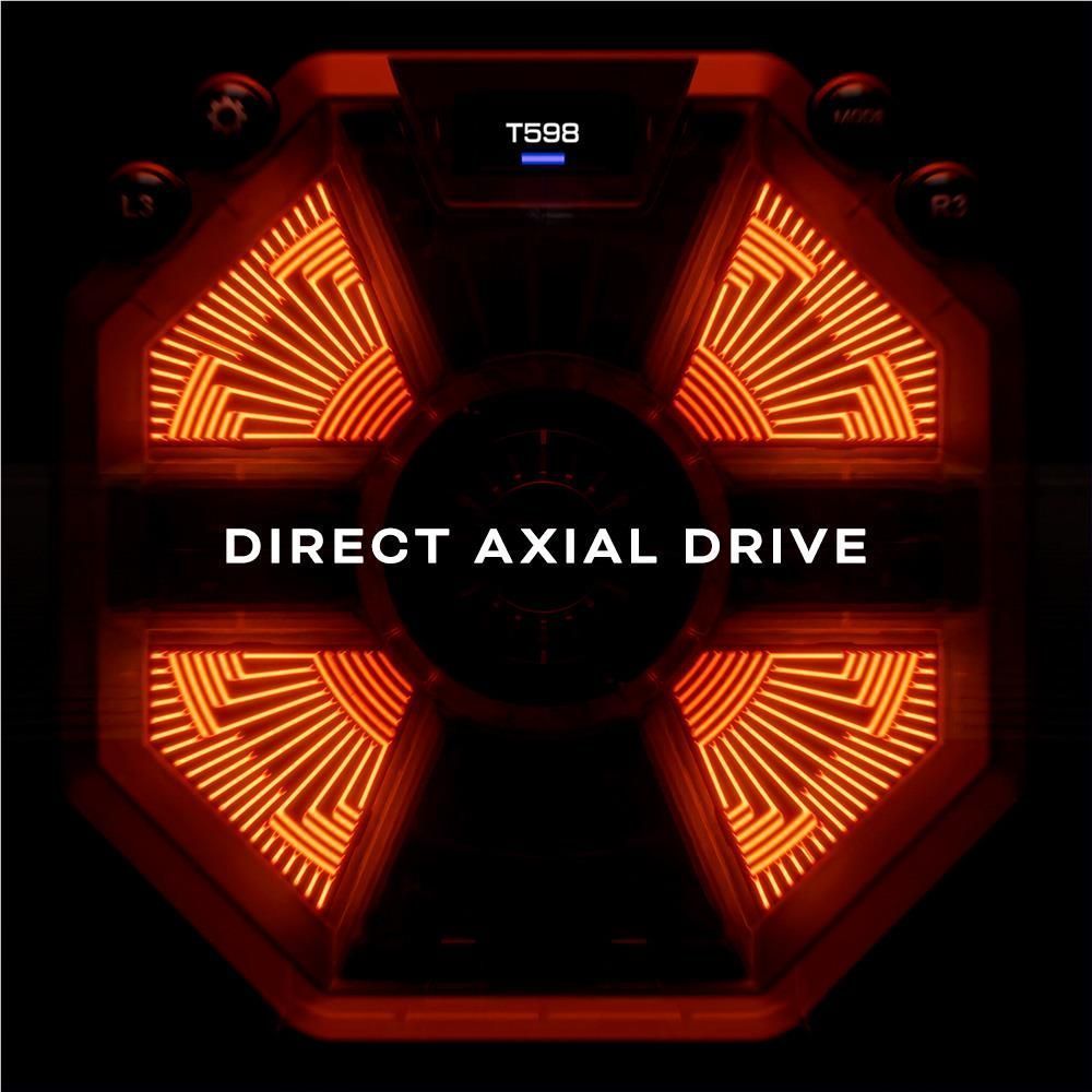 Direct axial drive wheel base with glowing red fan-like blades