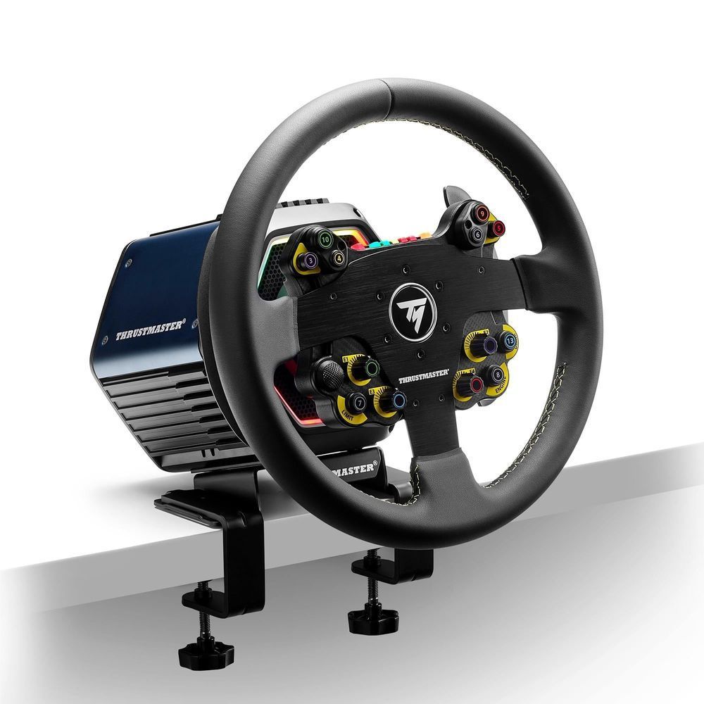 Thrustmaster racing wheel with detachable hub, angled front view on stand