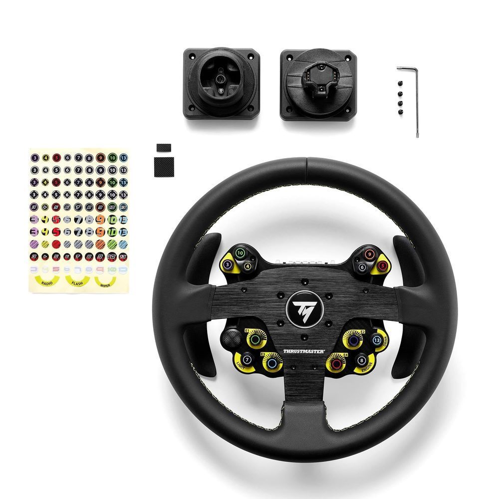 Thrustmaster EVO racing wheel with extra hub parts and accessory sticker sheet