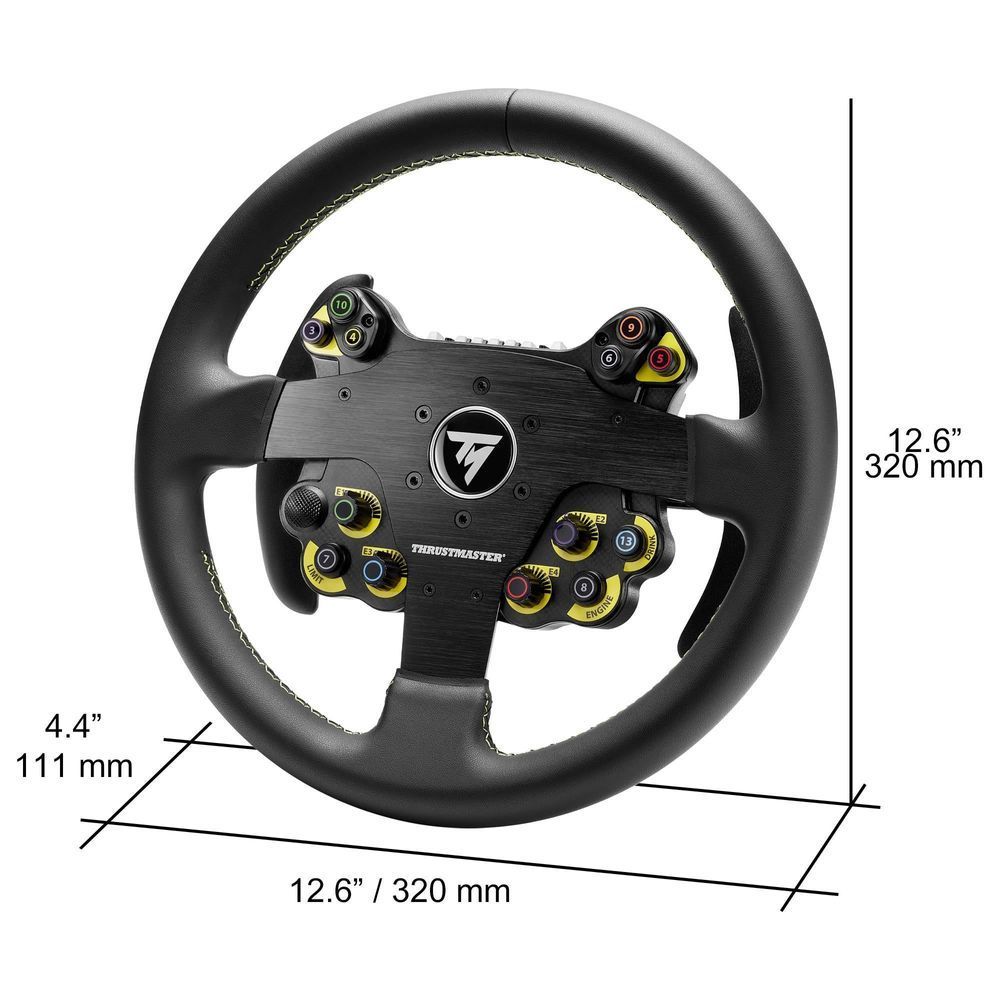 Thrustmaster racing wheel rim with leather wrap, front view with size markings