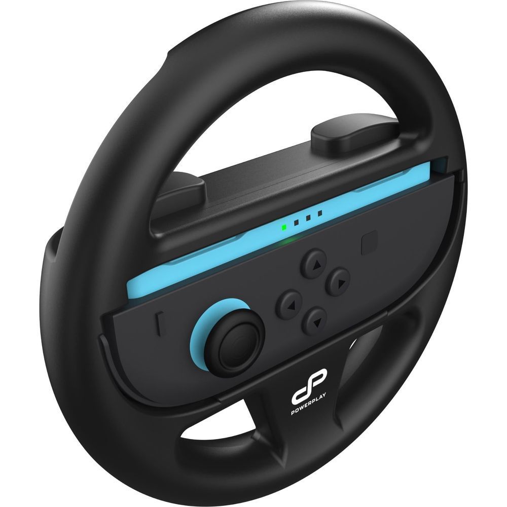 Black free wheel controller with blue LED bar and large center thumb button