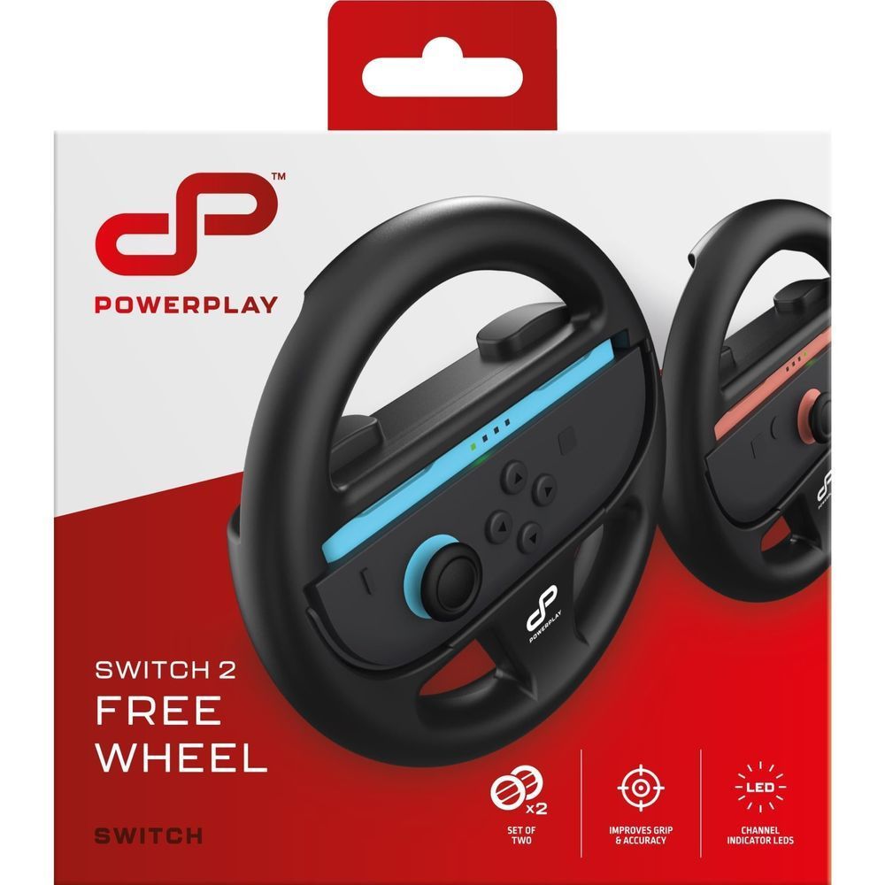 Retail box for Switch 2 free wheel pair, showing two black steering wheels