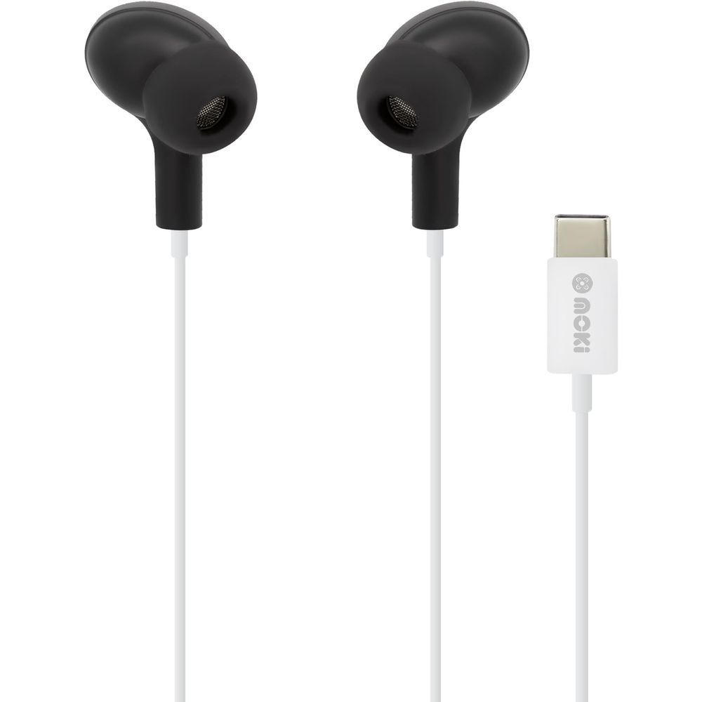 Moki Type-C wired in-ear headphones with black mesh tips and Type-C plug on white cable