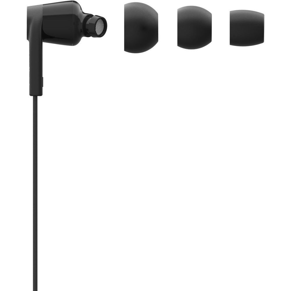 Belkin SoundForm USB-C wired earbuds close-up, black mesh speaker grille