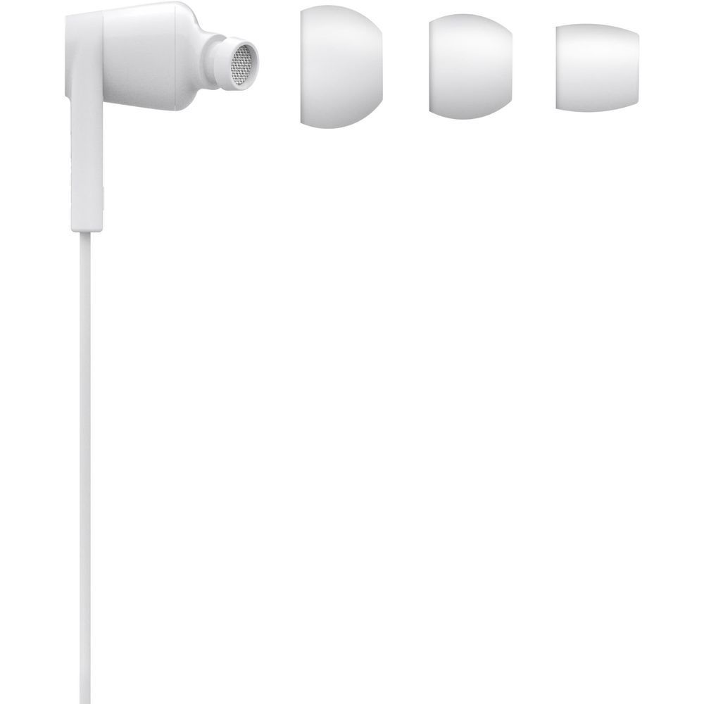 White wired earbuds with mesh speaker grille and rounded ear tips