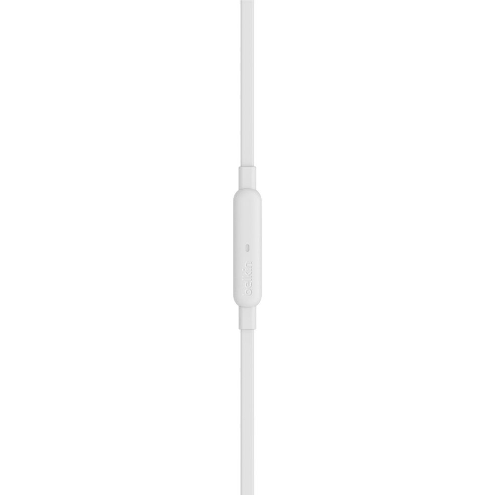 White in-line control module on wired earbuds cable