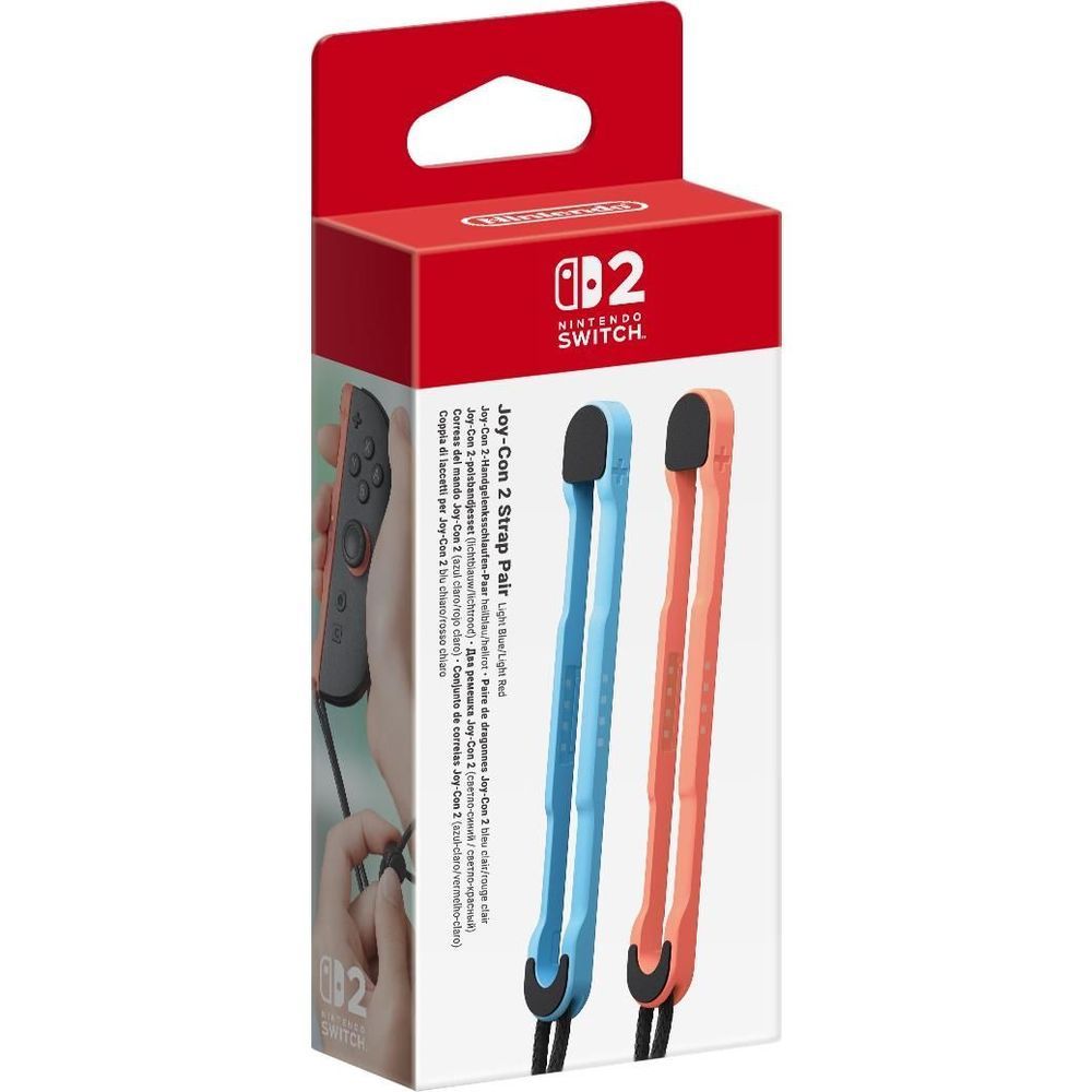 Nintendo Switch 2 Joy-Con wrist strap pair retail box in light blue and light red
