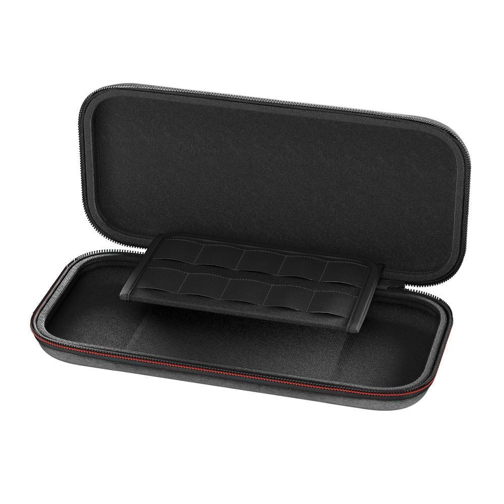 Dark heather grey slim case open to a cushioned interior with molded divider