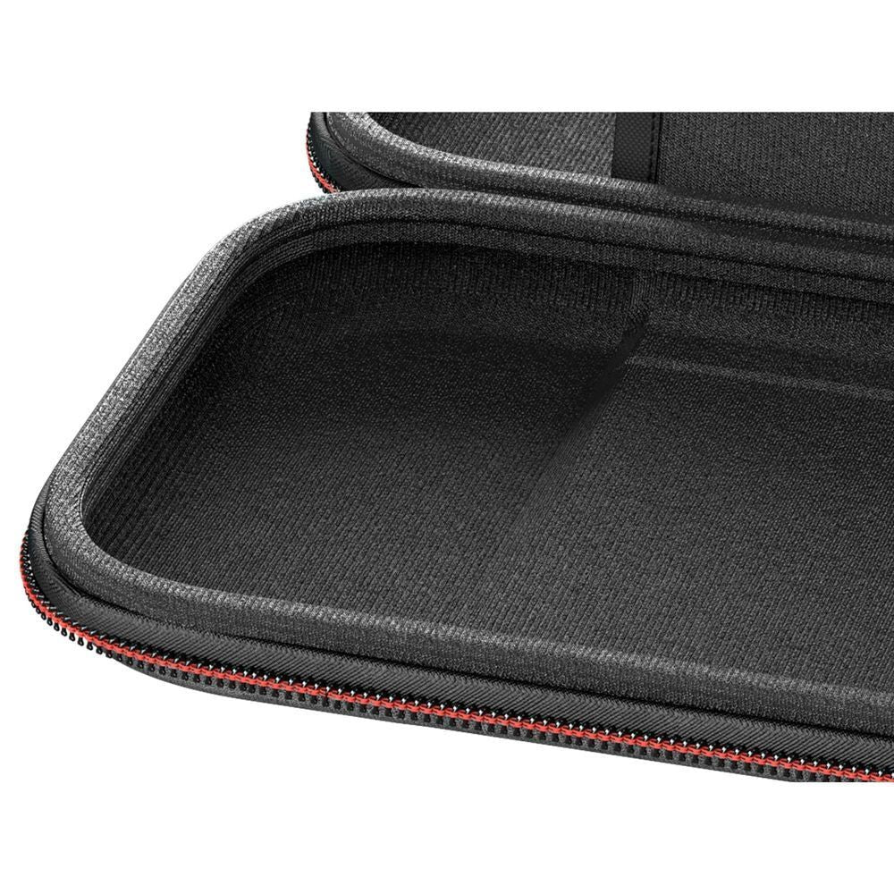 Dark heather grey padded interior tray with molded support and red zipper piping