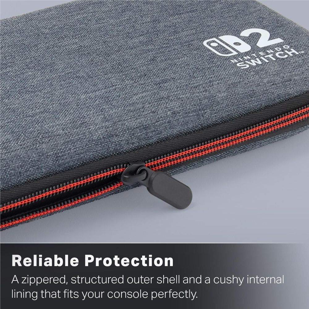 Dark heather grey slim case close-up with red zipper track and zipper pull