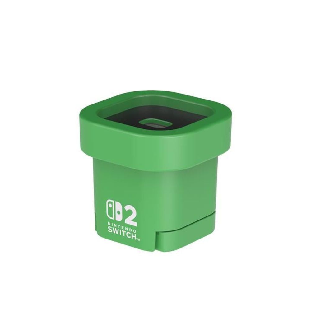 Green piranha plant camera base with lens opening on top and Nintendo-style label