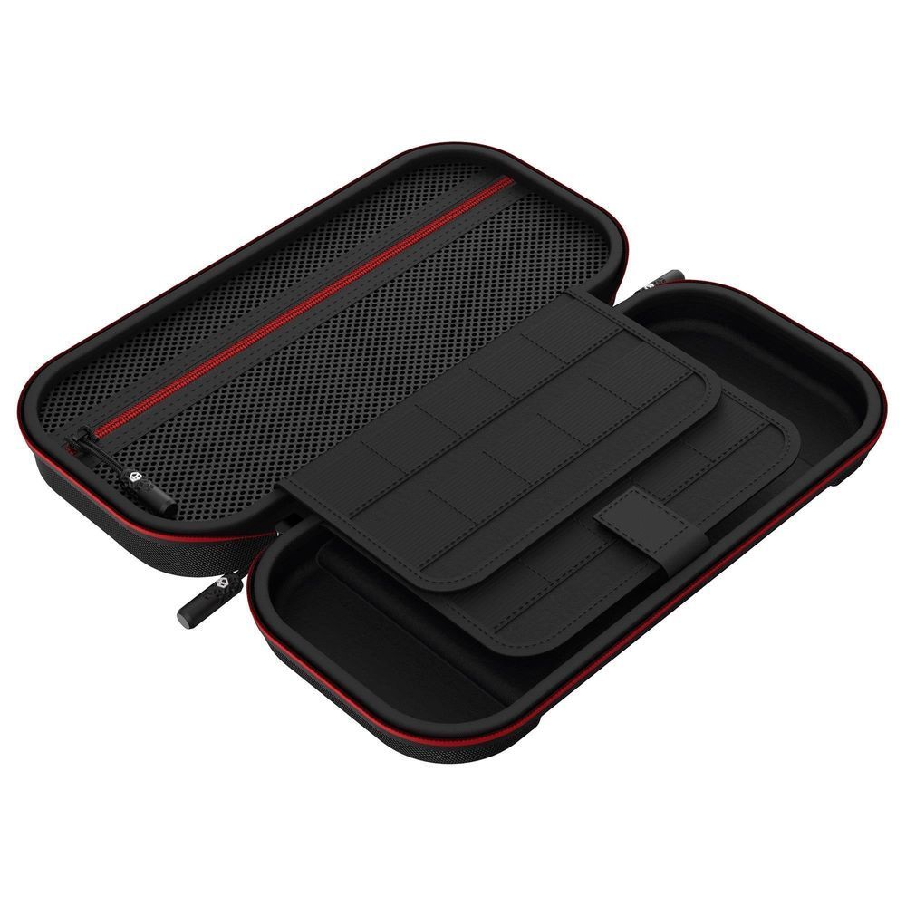 Open black carry case with red-lined mesh interior and gray storage flap