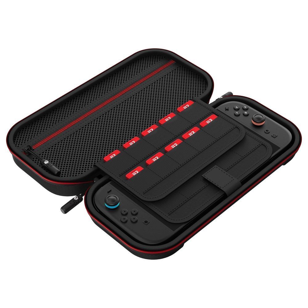 Open black carry case with controller-shaped compartments and red elastic slots