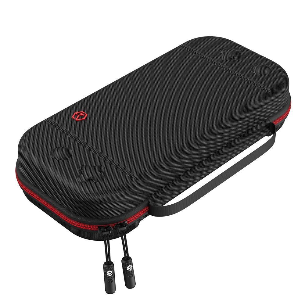 Closed black carry case with red zipper edge and dual zipper pull tabs