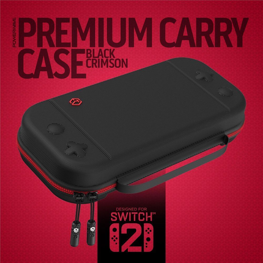 Black carry case with red trim, textured top, and two hanging zipper pulls