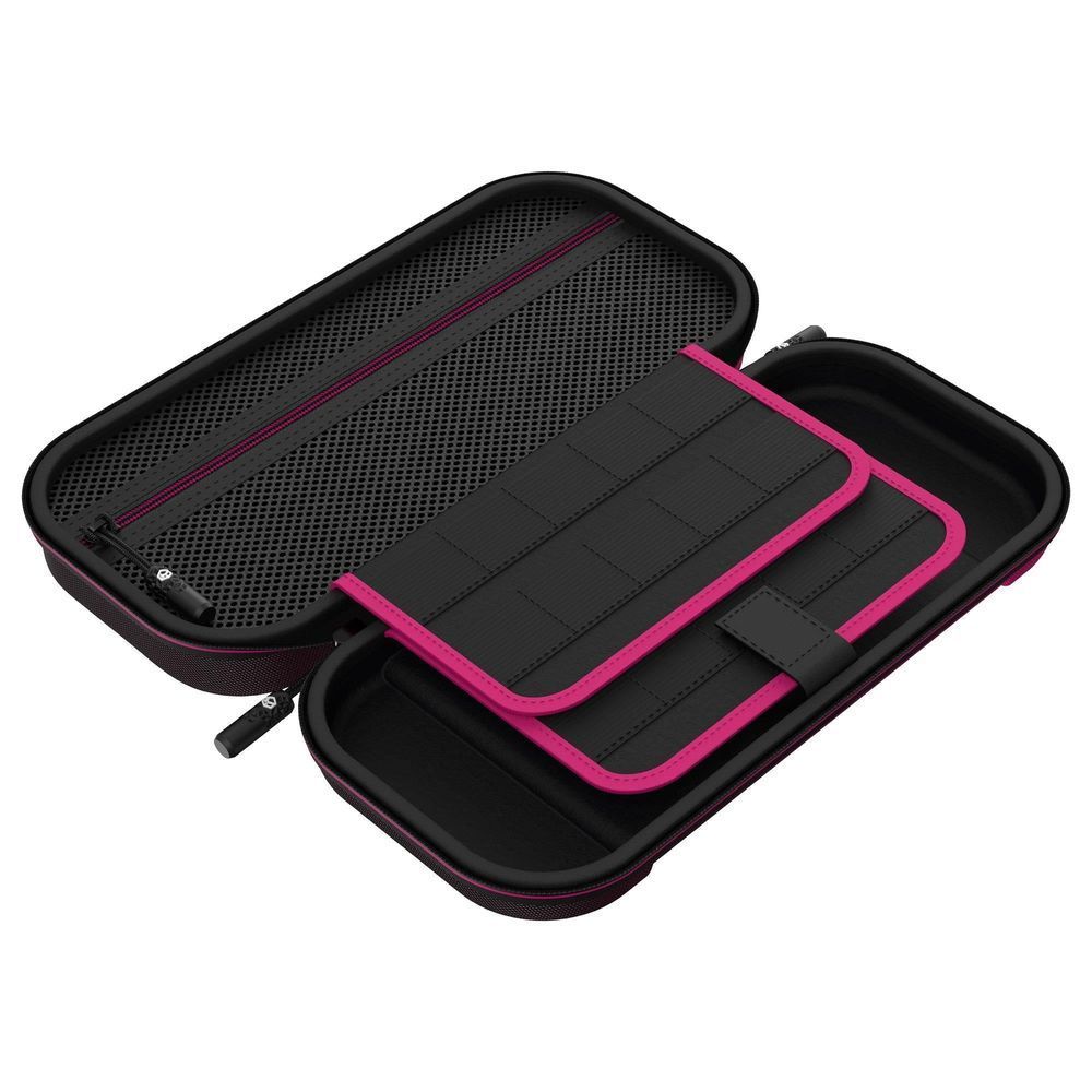 Nintendo Switch 2 carry case, open black interior with mesh panel and pink-lined tray.