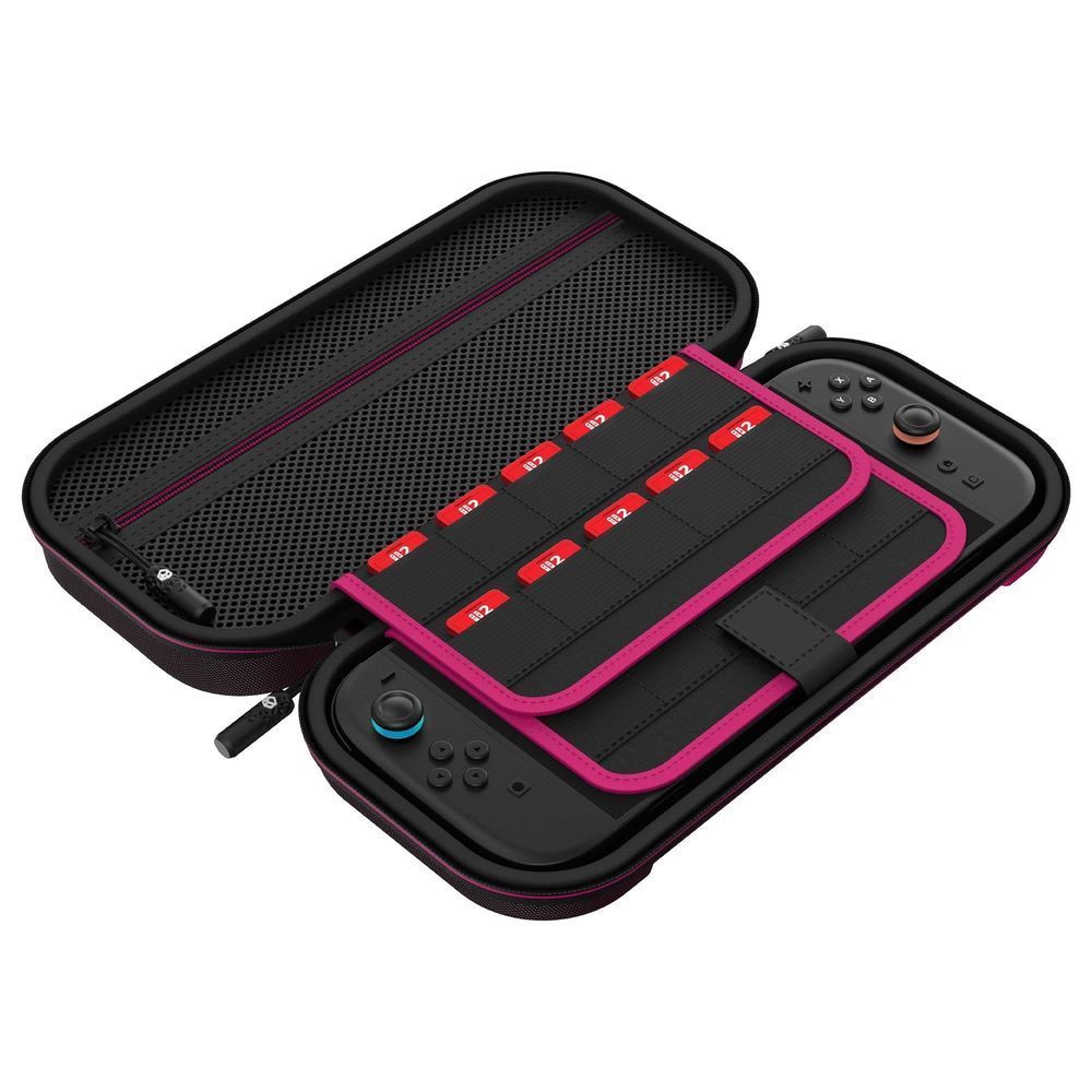 Nintendo Switch 2 carry case, open with gray center slots and controller-shaped compartments.