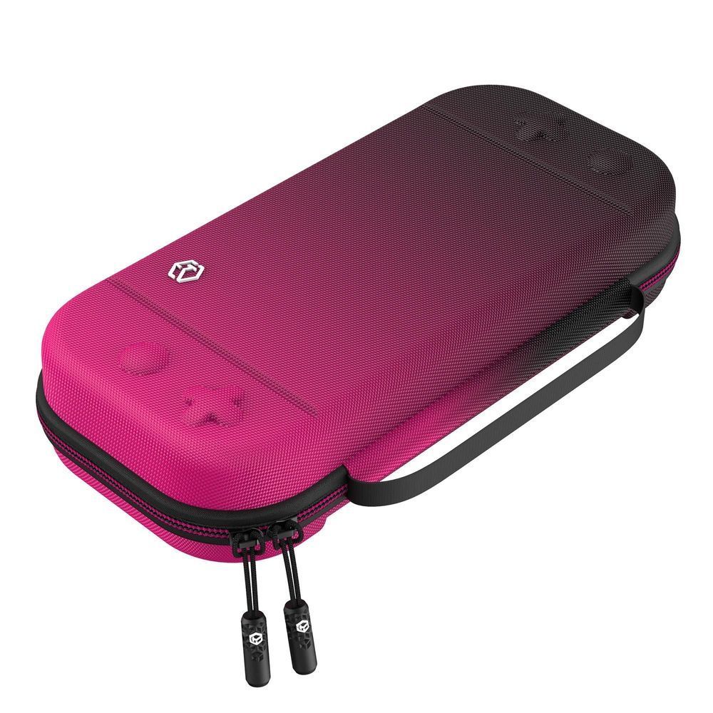 Nintendo Switch 2 premium carry case, magenta hard-shell with black zipper and dual pull tabs.