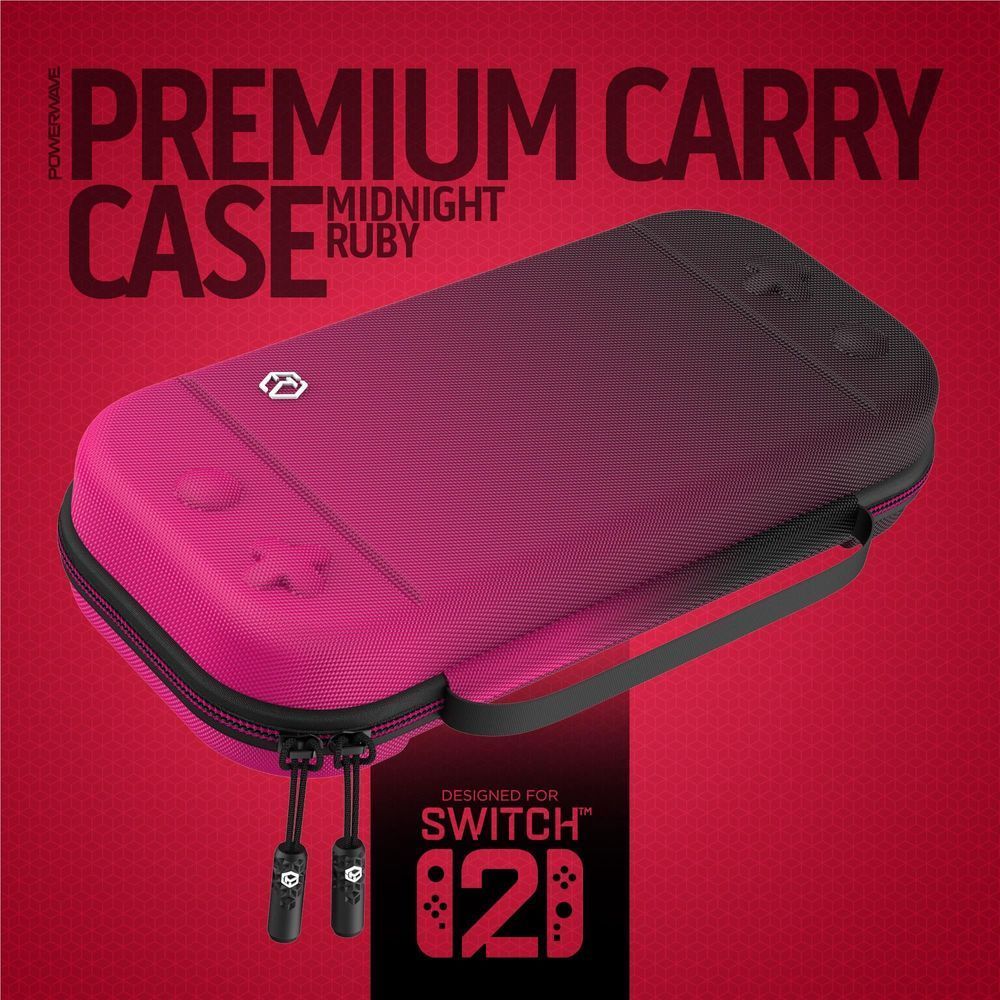 Nintendo Switch 2 premium carry case, magenta hard-shell with black zipper and pull tabs.