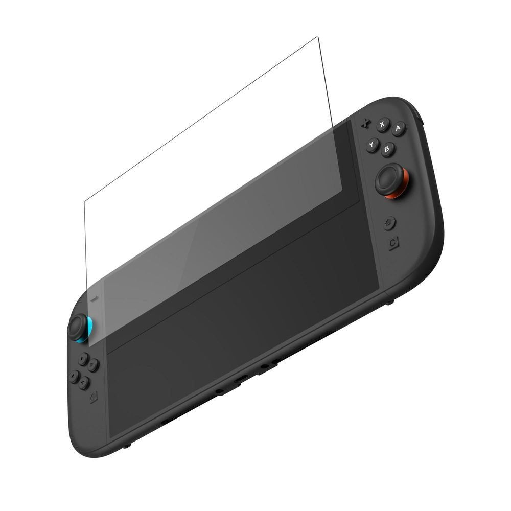 Tempered glass screen protector being positioned on a black handheld console