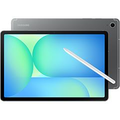 Samsung tablet with front screen and stylus on display, grey frame