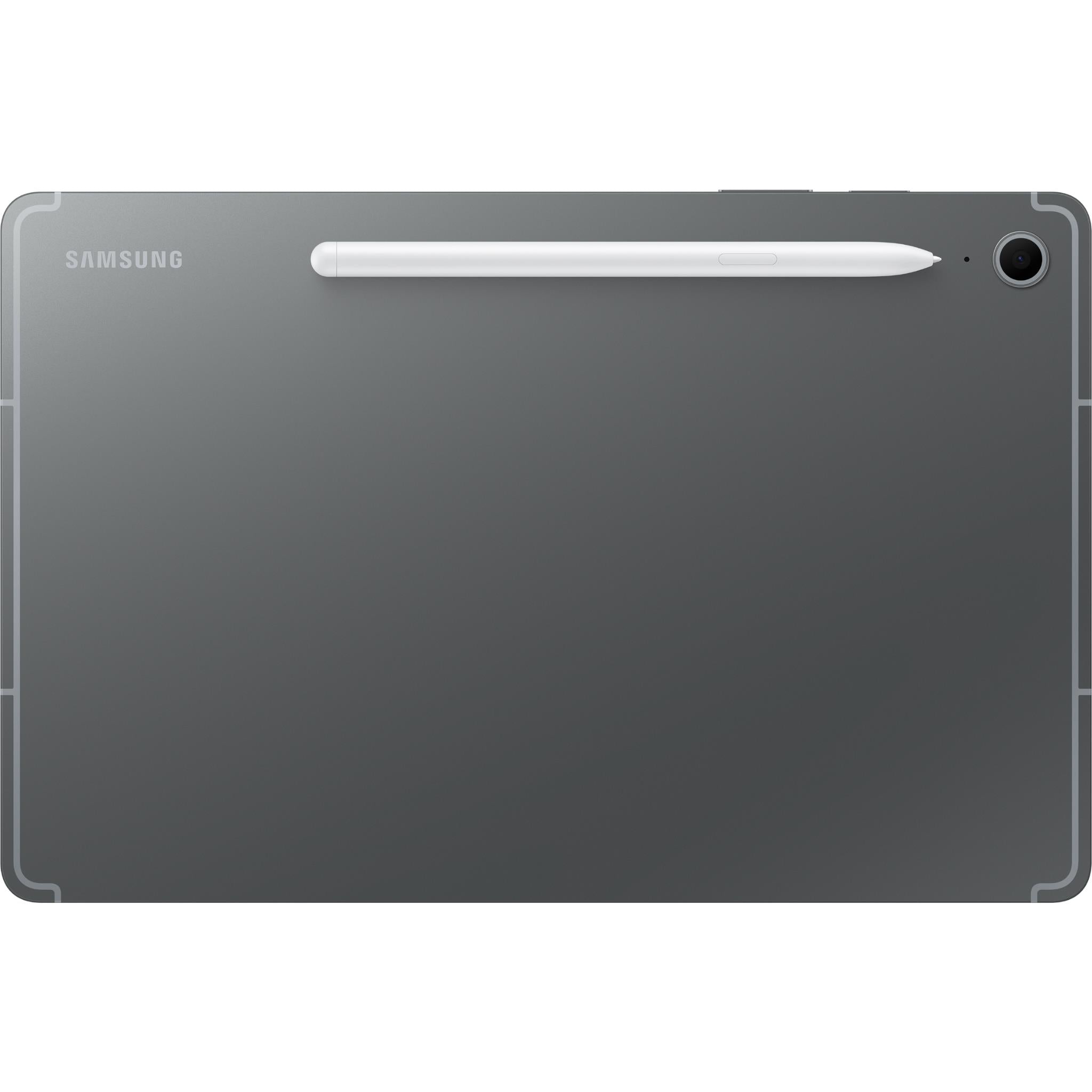 Samsung Galaxy Tab S10 FE+ tablet back view with stylus, gray