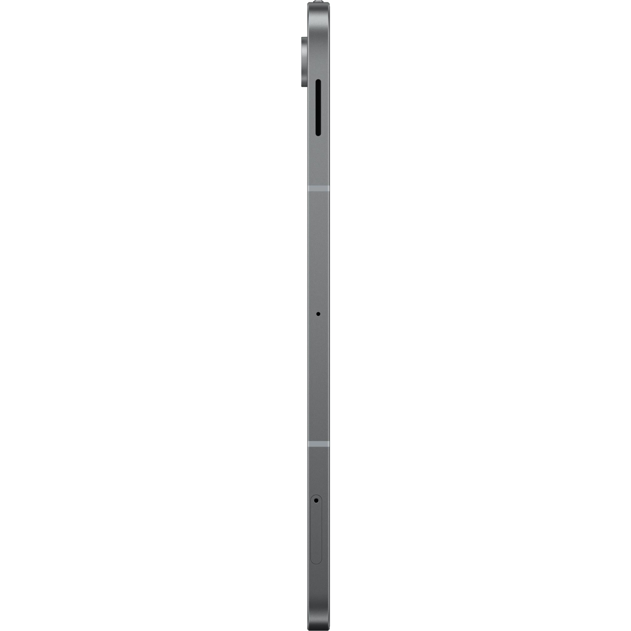 Grey Samsung tablet side view, slim profile with buttons edge