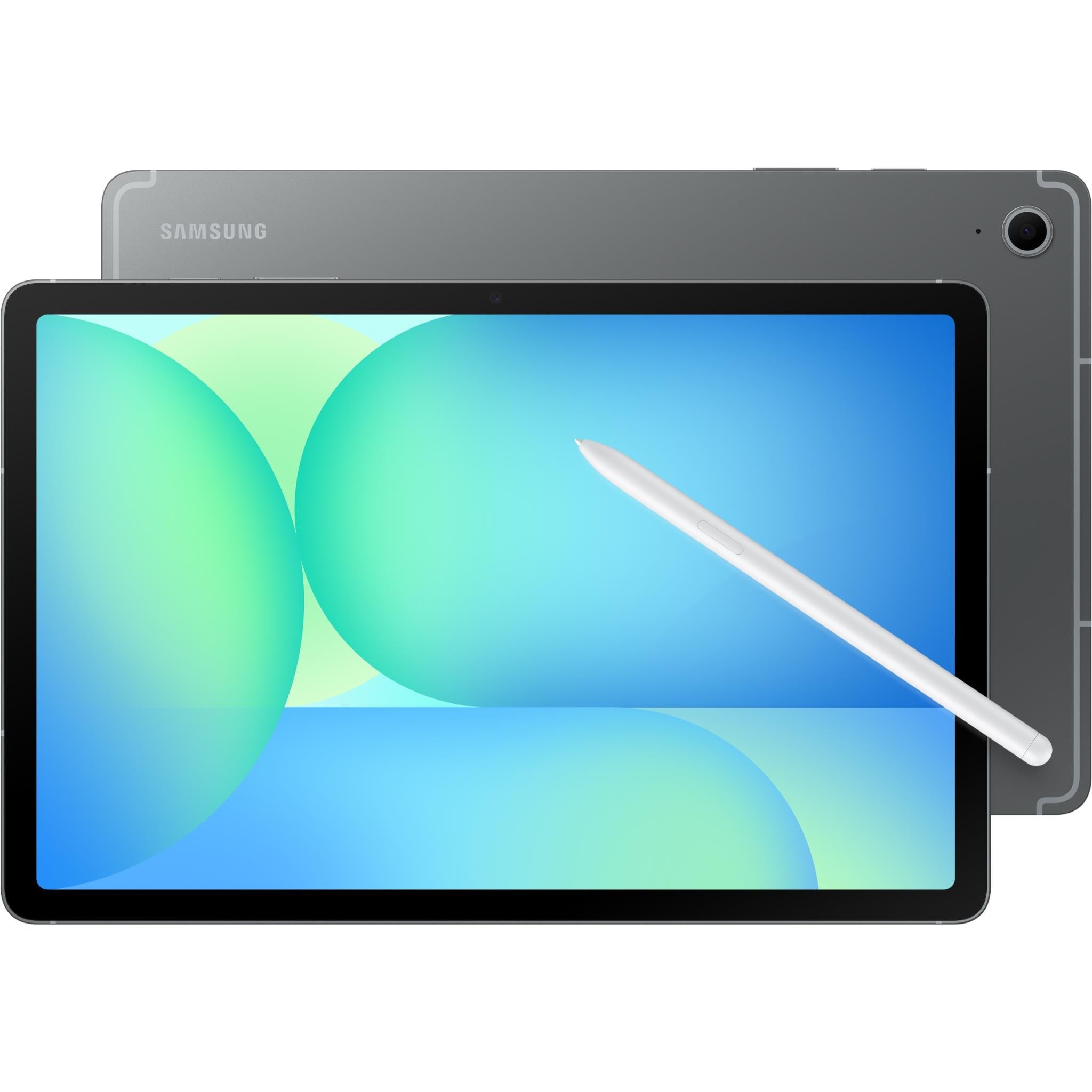 Tablet front with stylus pen, black bezel and colorful home screen