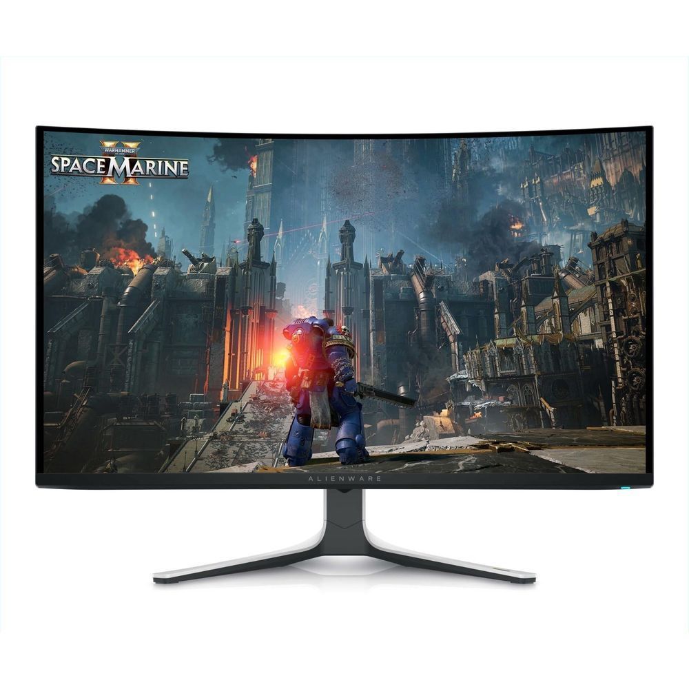Curved gaming monitor with black bezel and central silver stand