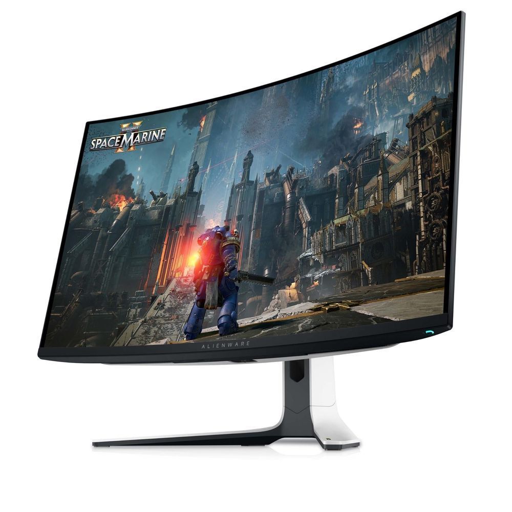 Curved gaming monitor in angled view, black bezel and silver stand
