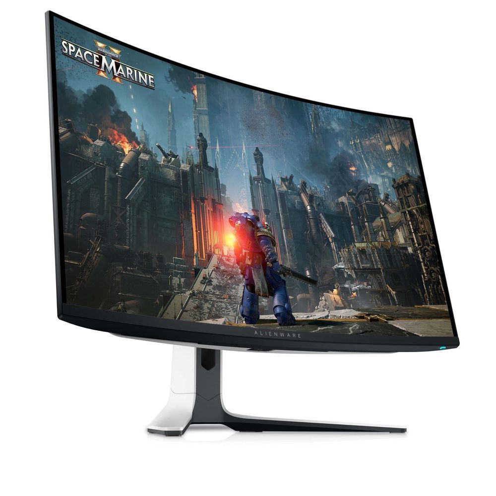 Curved gaming monitor with black screen frame and silver stand base