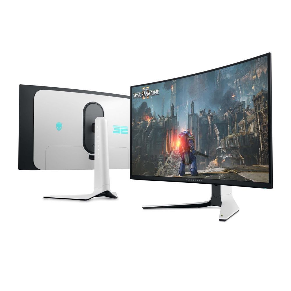 Curved gaming monitor front and rear panels with white stand and port area
