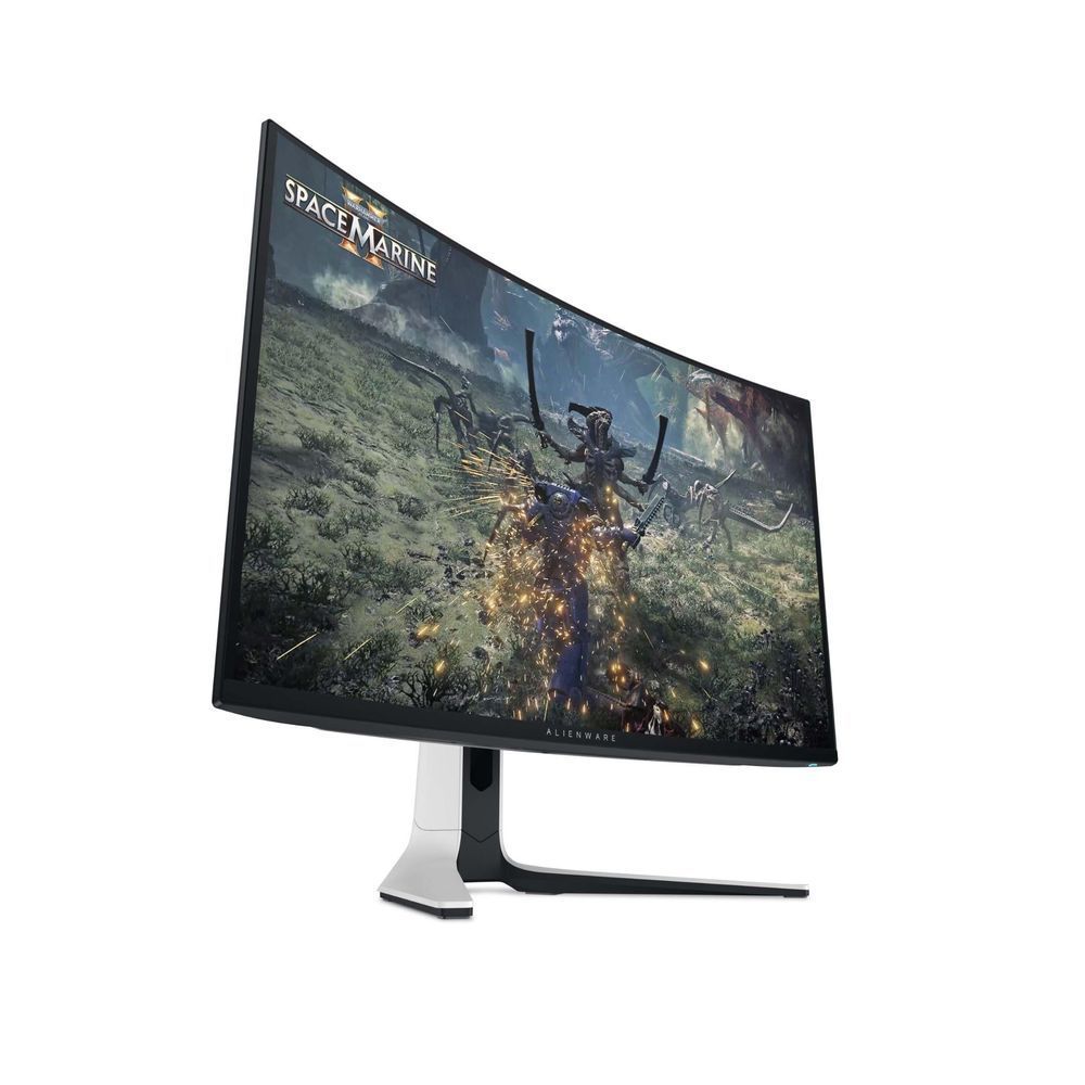 Curved gaming monitor with black bezel and silver stand on curved display
