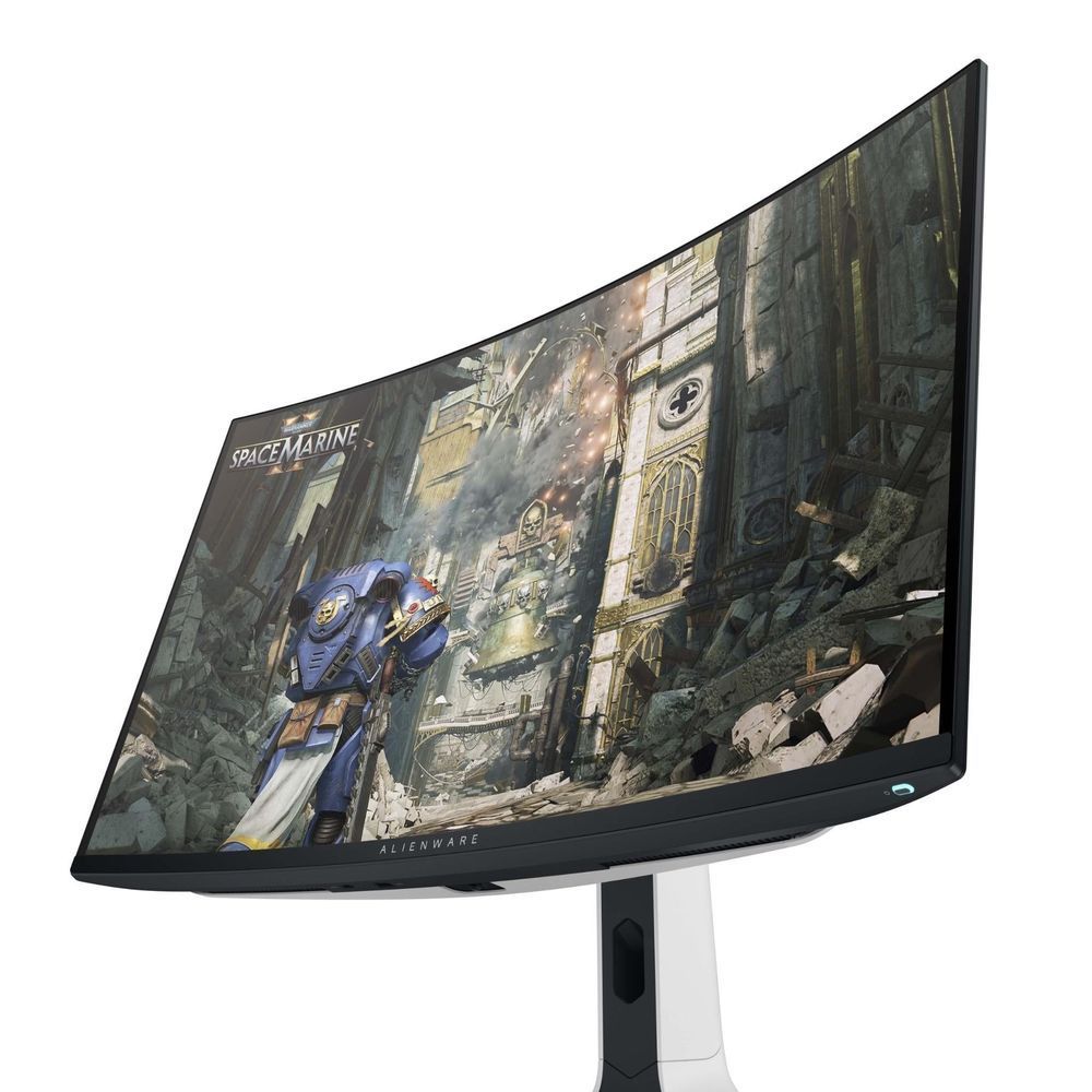 Curved gaming monitor side view with black bezel and silver stand