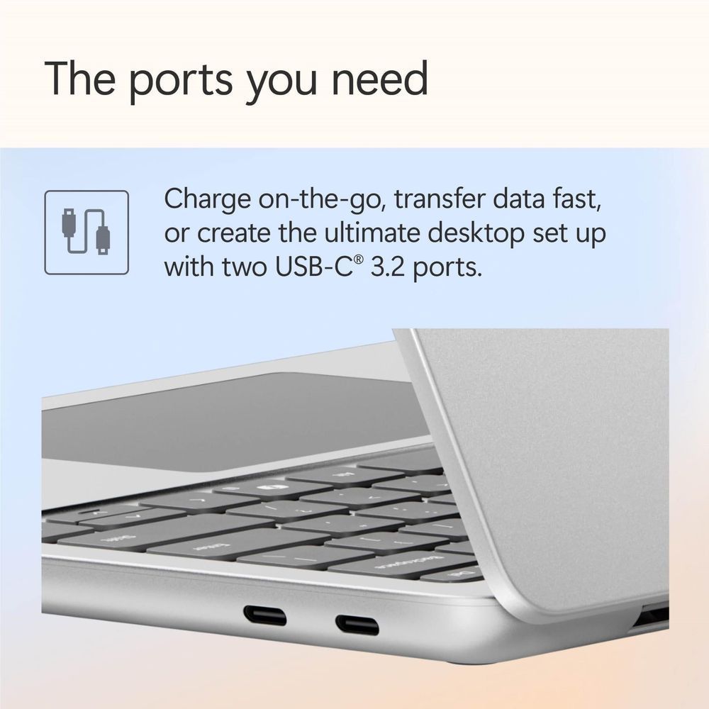 Platinum Surface Laptop side view showing two USB-C 3.2 ports