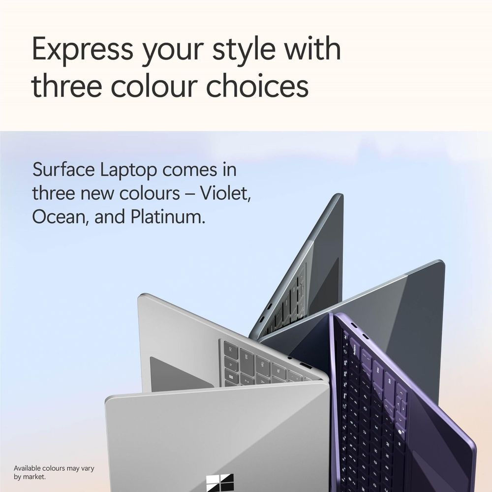 Surface Laptop color options: Platinum, Violet, and Ocean shown from different angles