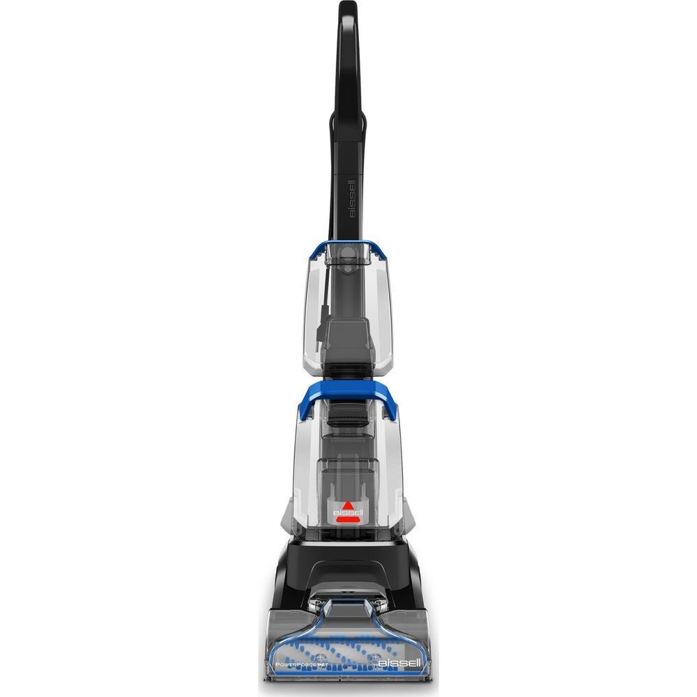 Upright carpet and upholstery cleaner shown from the side, black/blue with clear tanks