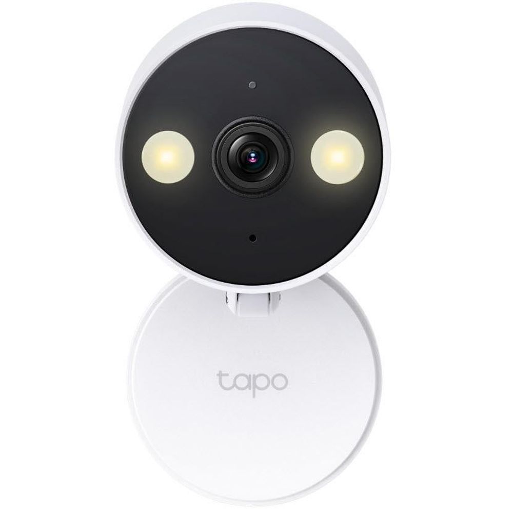 White security camera with black face, centered lens, and two illuminated IR lights