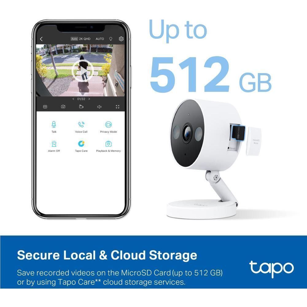 Home security camera with smartphone screen showing live view and recording