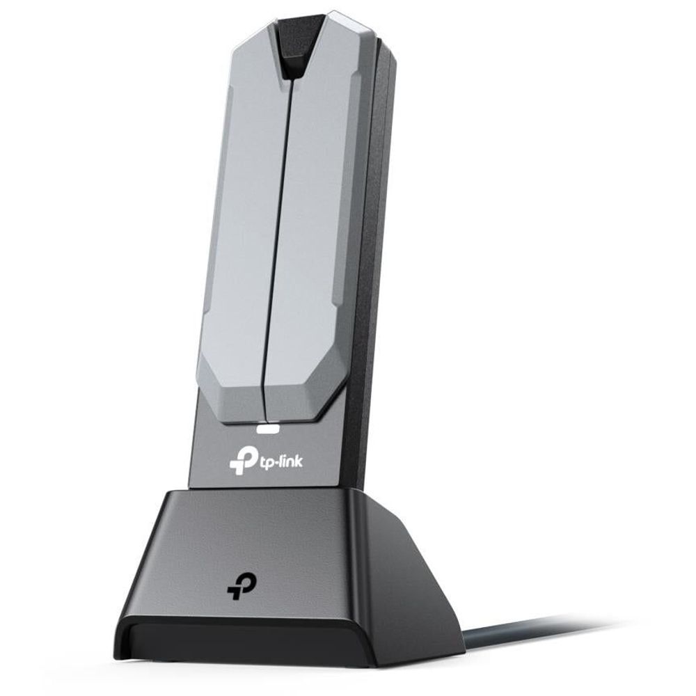 Wi‑Fi 7 USB wireless adapter with tall gray dual-antenna and black base