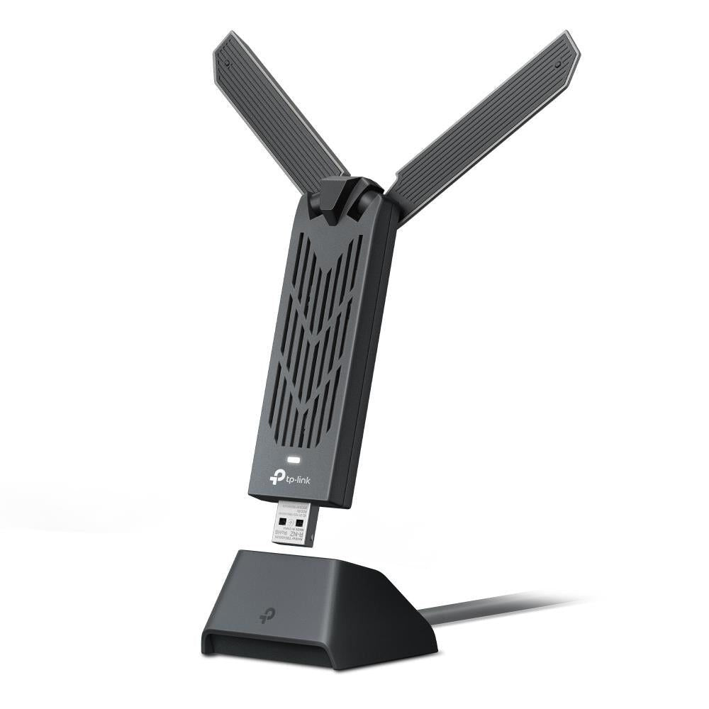 Wi‑Fi 7 USB wireless adapter with two black antennas on a stand base