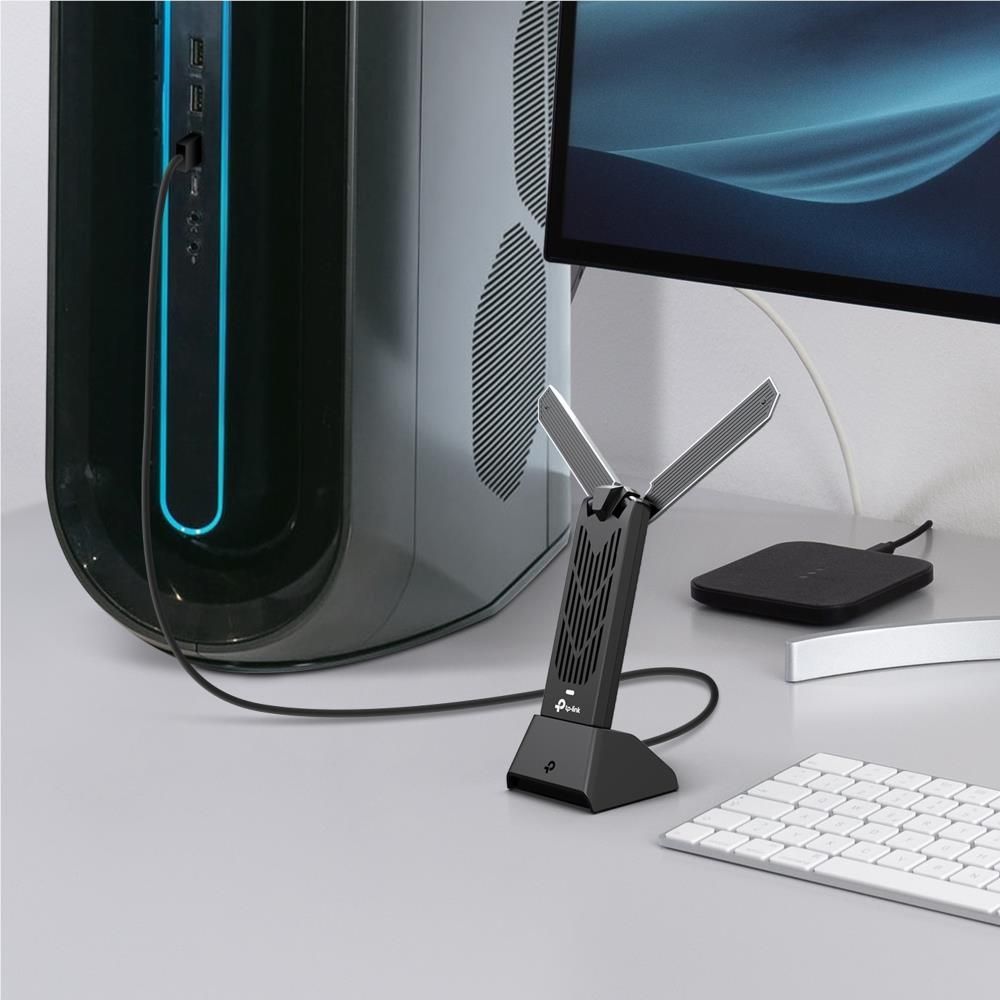Wi‑Fi 7 USB adapter with dual antennas and connected cable
